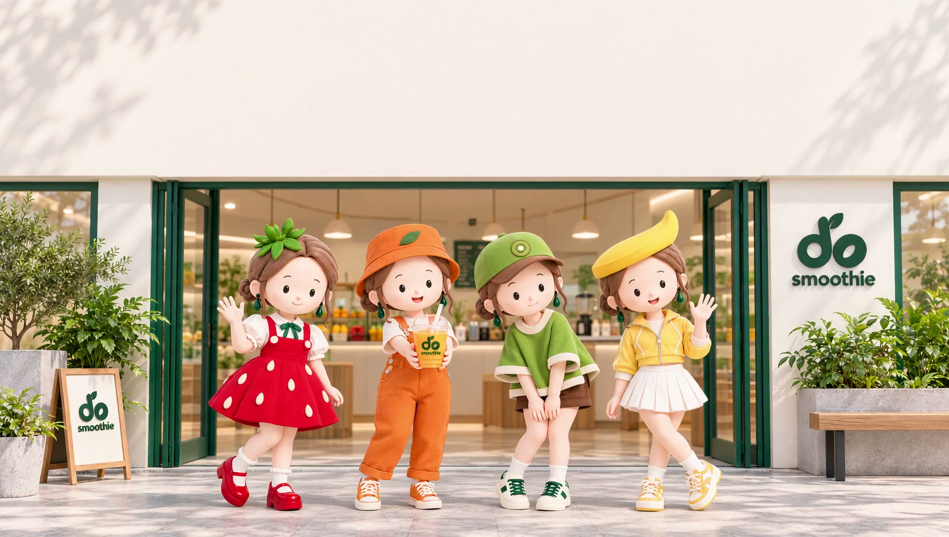 旅の仮ビジュアル。4人のキャラクターが手を振っている