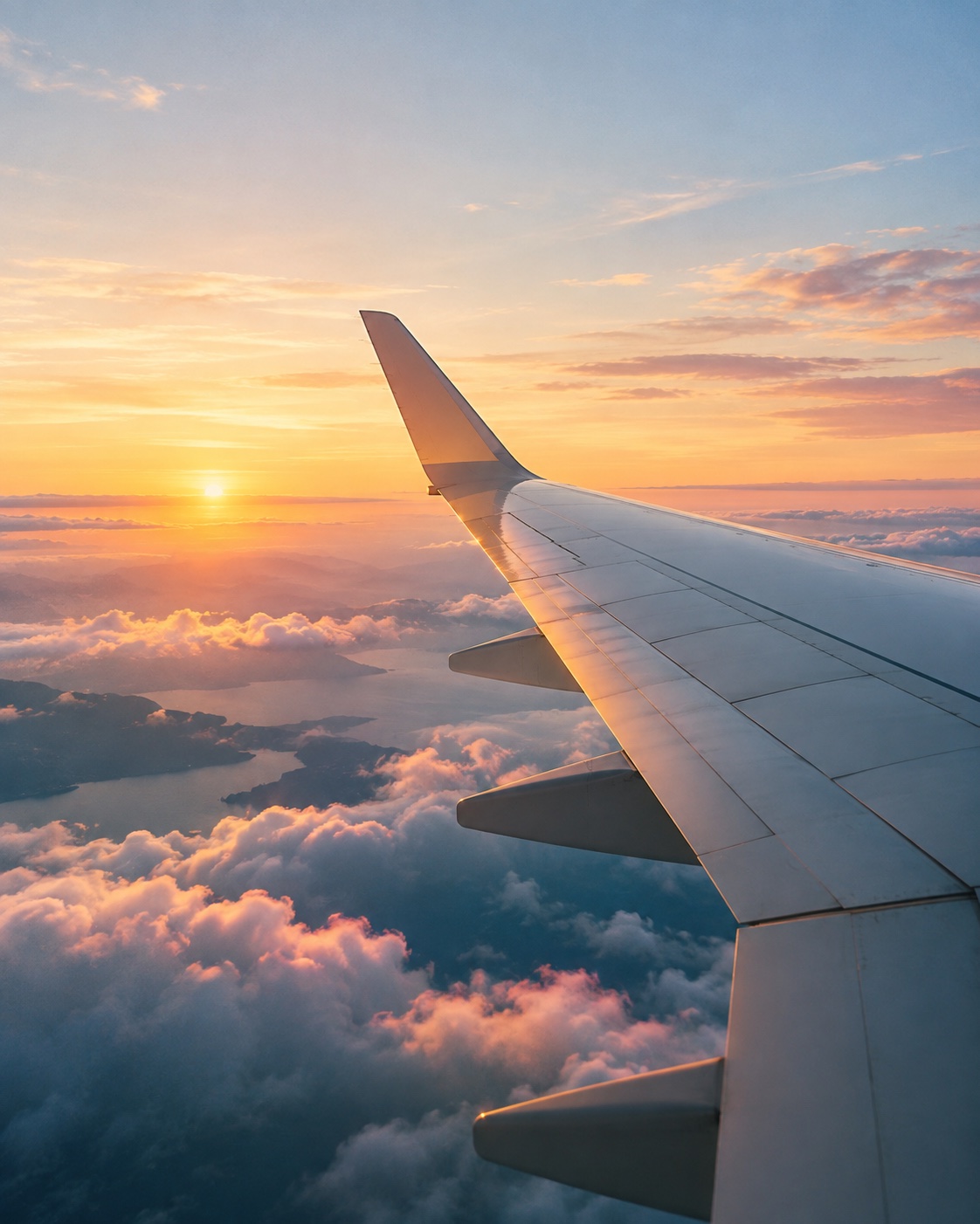 朝焼けの雲の上を飛ぶ飛行機の翼